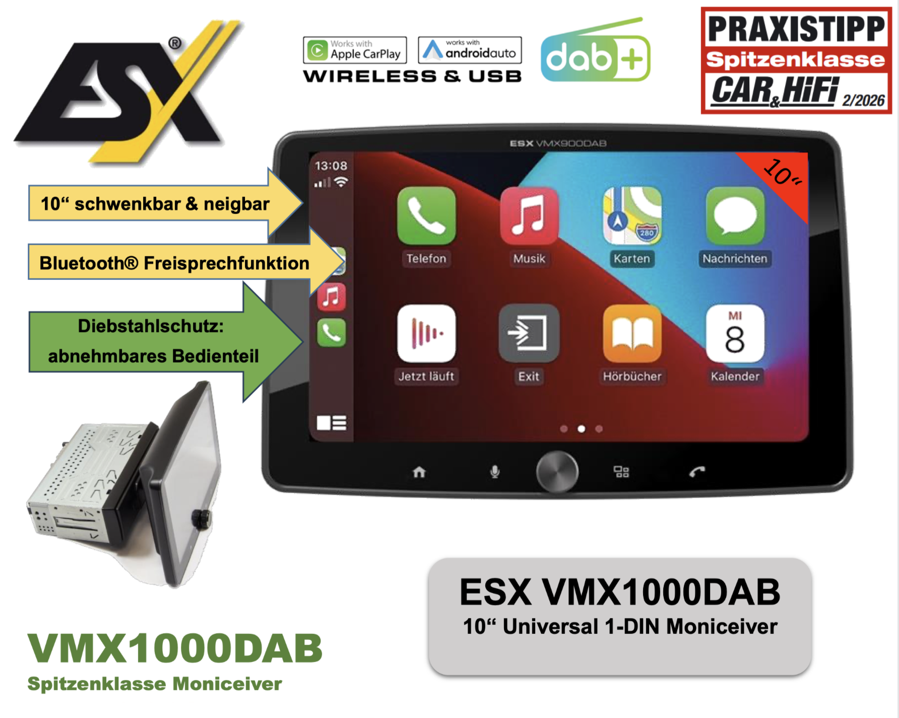 ESX VMX1000DAB Autoradio Universal 1-DIN Multi-Angle Media Moniceiver mit 25,8 cm (10.1“) Touchscreen   