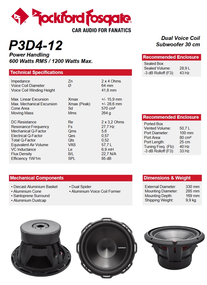 Rockford Fosgate P3D4-12 Subwoofer Punch P3 Series 30 cm (12") 600 Watt RMS 