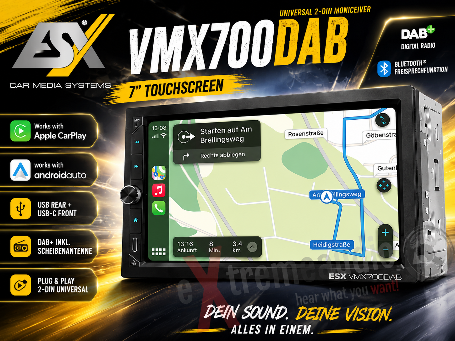 ESX VISION VMX700DAB Universal 2-DIN Media Moniceiver Autoradio mit 17,8 cm (7“) Touchscreen-Display