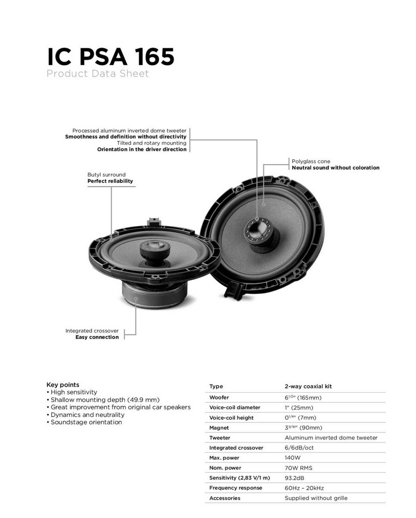 Focal ICPSA165 Inside 16,5 cm (6.5") 2-Wege Koax Lautsprecher Set kompatibel mit Peugeot, Citroen 1 Paar