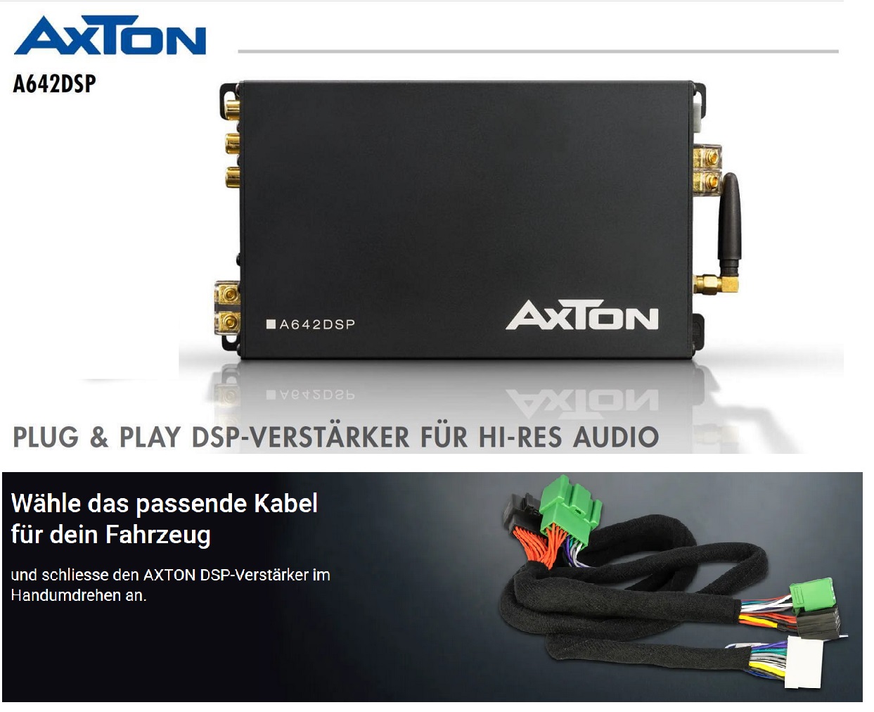 AXTON A642DSP 5-Kanal Plug & Play DSP Verstärker mit Plug & Play Adapter für Ihr Auto Alfa, Audi, BMW, Citroen, Dacia, Fiat, Ford, Honda, Hyundai, Kia, Mazda, Mercedes, Mini, Mitsubishi, Nissan,   Opel, Peugeot, Renault, Seat, Skoda, Toyota, VW usw.  