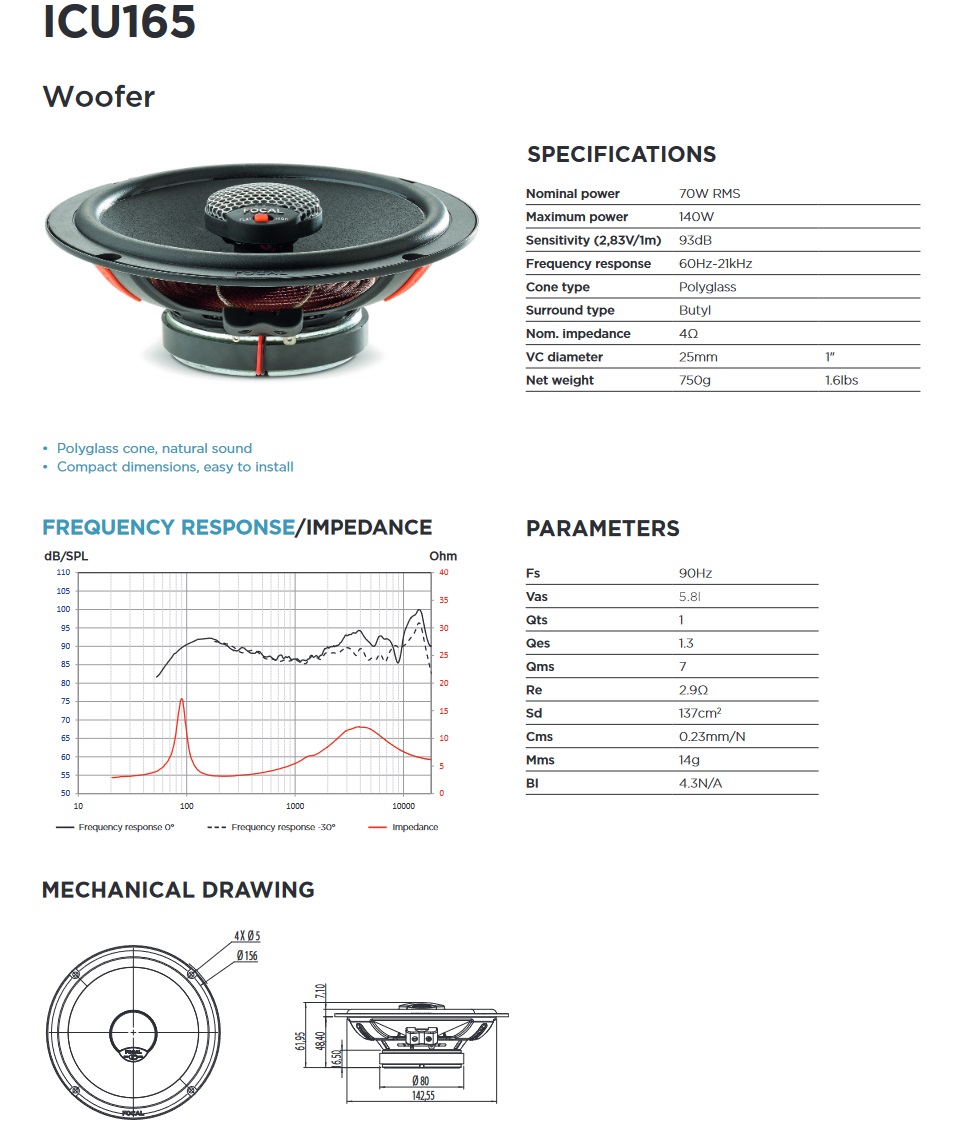 Focal ICU165 Integration UNIVERSAL 16,5 cm (6.5") 2-Wege Koax Lautsprecher Set 140 Watt - 1 Paar