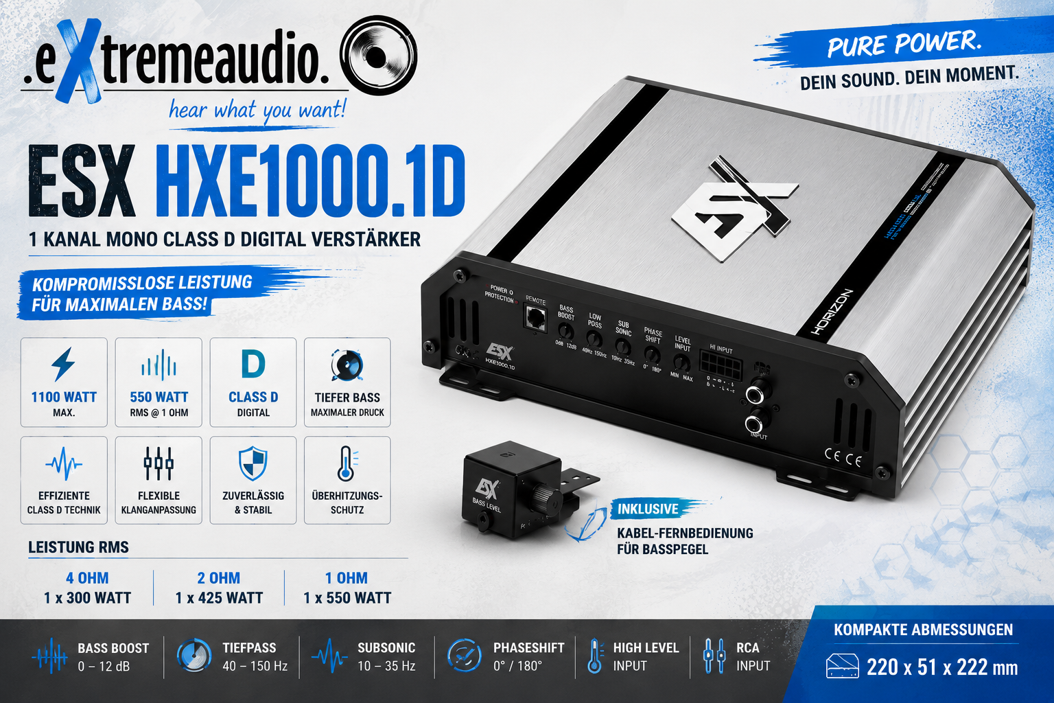 ESX HXE1000.1D 1 Kanal Mono Class D Digital Verstärker fürs Auto mit 1100 Watt