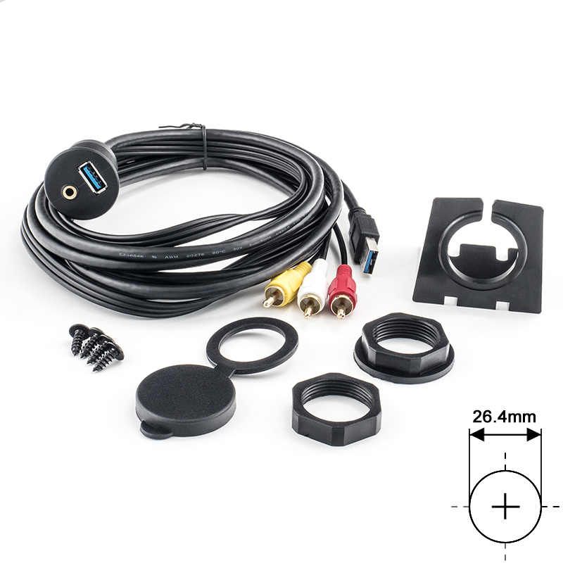 AMPIRE XUC200 USB/AUX Einbaubuchse mit 200cm Kabel, Cinch USB/AUX Verlängerungskabel