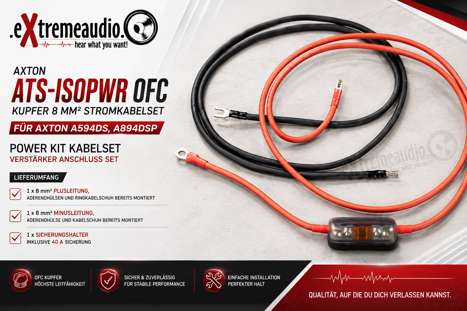 Axton ATS-ISOPWR OFC Kupfer 8 mm² Stromkabelset für Axton A594DS, A894DSP POWER KIT Kabelset Verstärker Anschluß Set