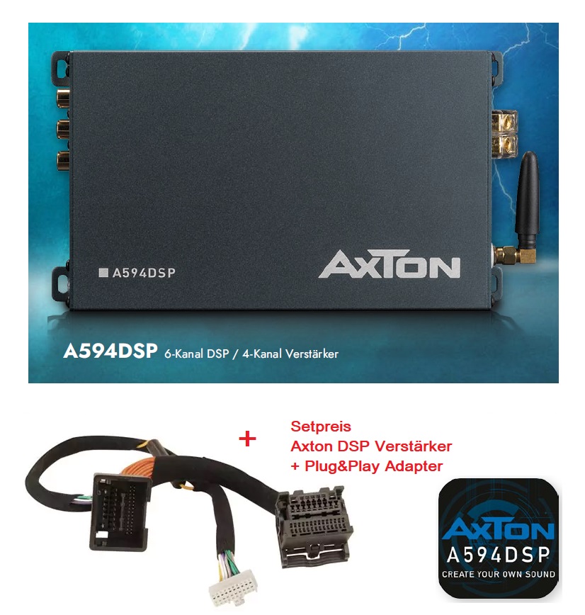 AXTON A594DSP Set Verstärker DSP mit Plug & Play Adapter kompatibel mit Alfa, Audi, BMW, Citroen, Fiat, Ford, Honda, Jeep, Kia, Lancia, Land Rover, Lexus, Mazda, Mercedes, Opel, Peugeot, Renault, Seat, Skoda, Smart, Toyota, Volkswagen, Volvo