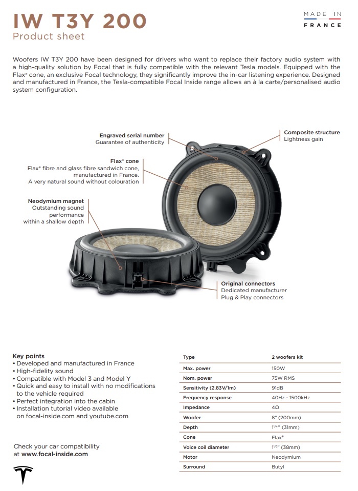 FOCAL IW-T3Y-200 INSIDE Basslautsprecher Woofer kompatibel mit TESLA Model 3 Standard, Sr+, Premium Lr Mr, Model Y Standard Sr, Y Premium Lr für Türen vorne
