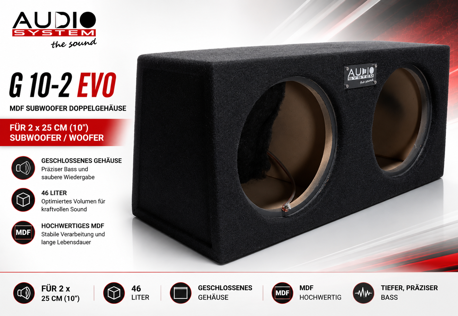 Audio System G 10-2 EVO MDF Subwoofer Doppel Leergehäuse für 2 x 25 cm (10") Bass / Woofer - geschlossenes Gehäuse mit 46 Liter