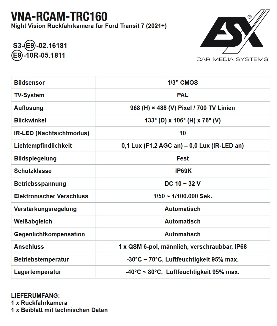 ESX VNA-RCAM-TRC160  Night Vision Rückfahrkamera kompatibel mit Ford Transit Kastenwagen ab 2021