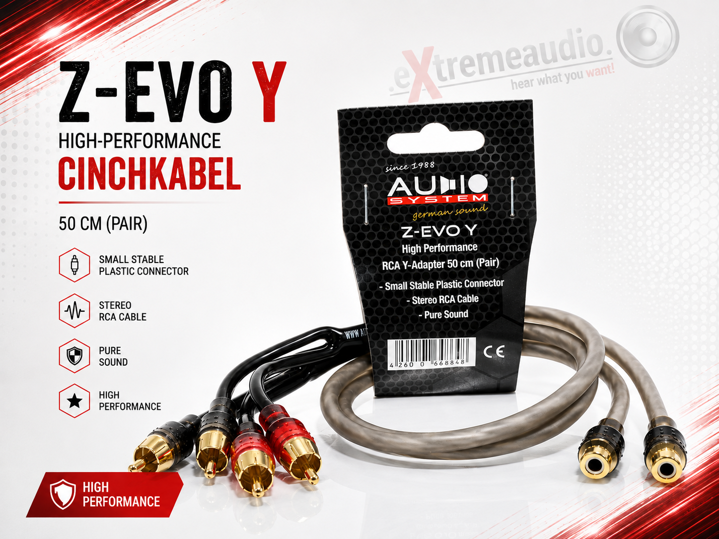 AUDIO SYSTEM Z-EVO Y HIGH-Performance Cinchkabel Y-Cinchkabel (2x Stecker und 1x Kupplung) 50cm 1 Paar