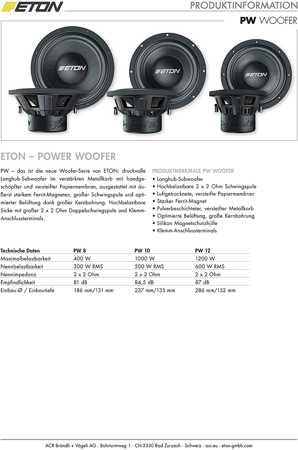 ETON PW12 Power 30 cm Subwoofer Chassis 12 Zoll Langhub Woofer, Bass fürs Auto 1200 Watt