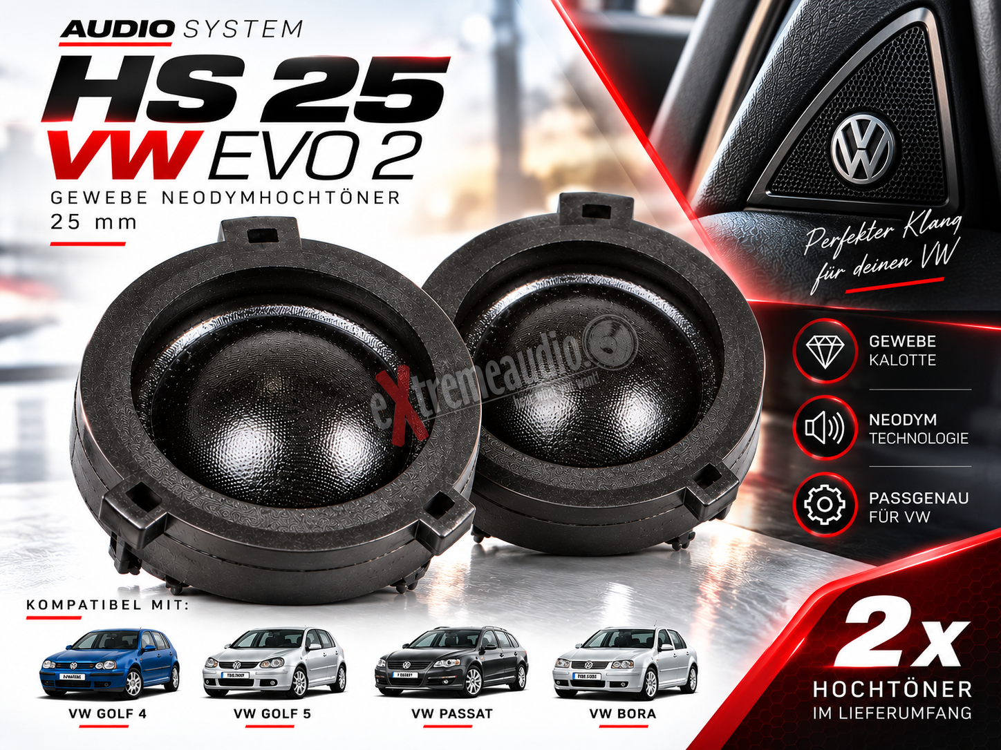 Audio System HS 25 VW EVO 2 Gewebe Neodymhochtöner 25 mm 1 Paar Hochtöner Tweeter Lautsprecher Auto kompatibel mit VW Golf 4, VW Golf 5, VW Passat, VW Bora usw.