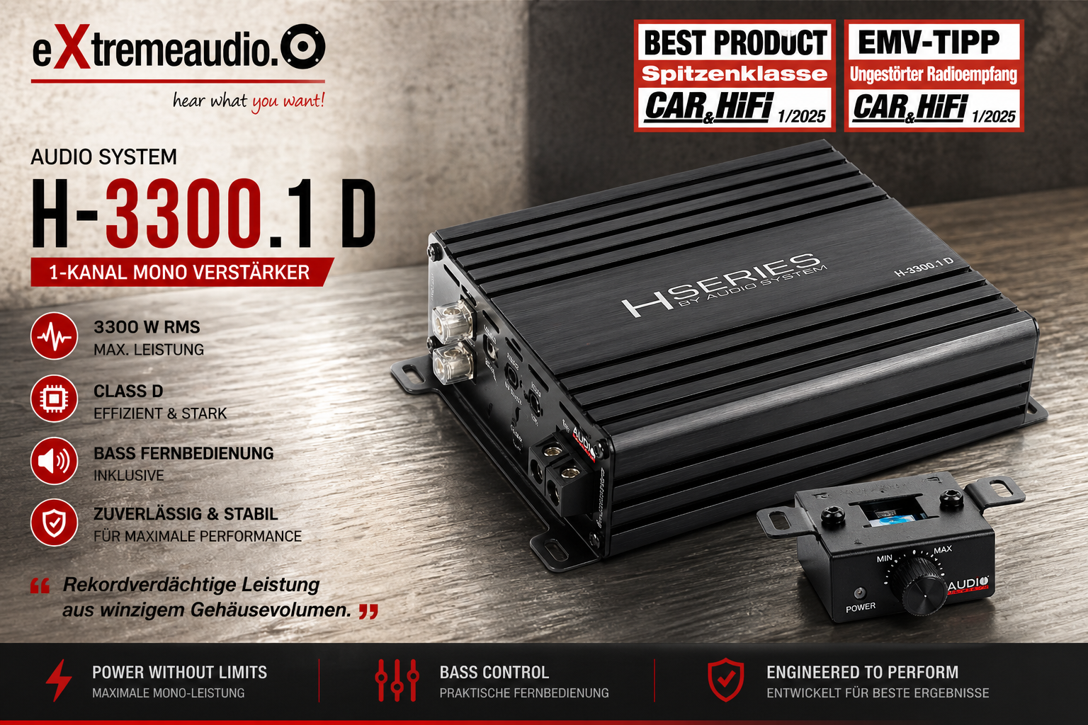 Audio System H-3300.1 D 1-Kanal Mono Verstärker 3300 Watt RMS HELON-SERIES mit RTC Bass Remote Fernbedienung