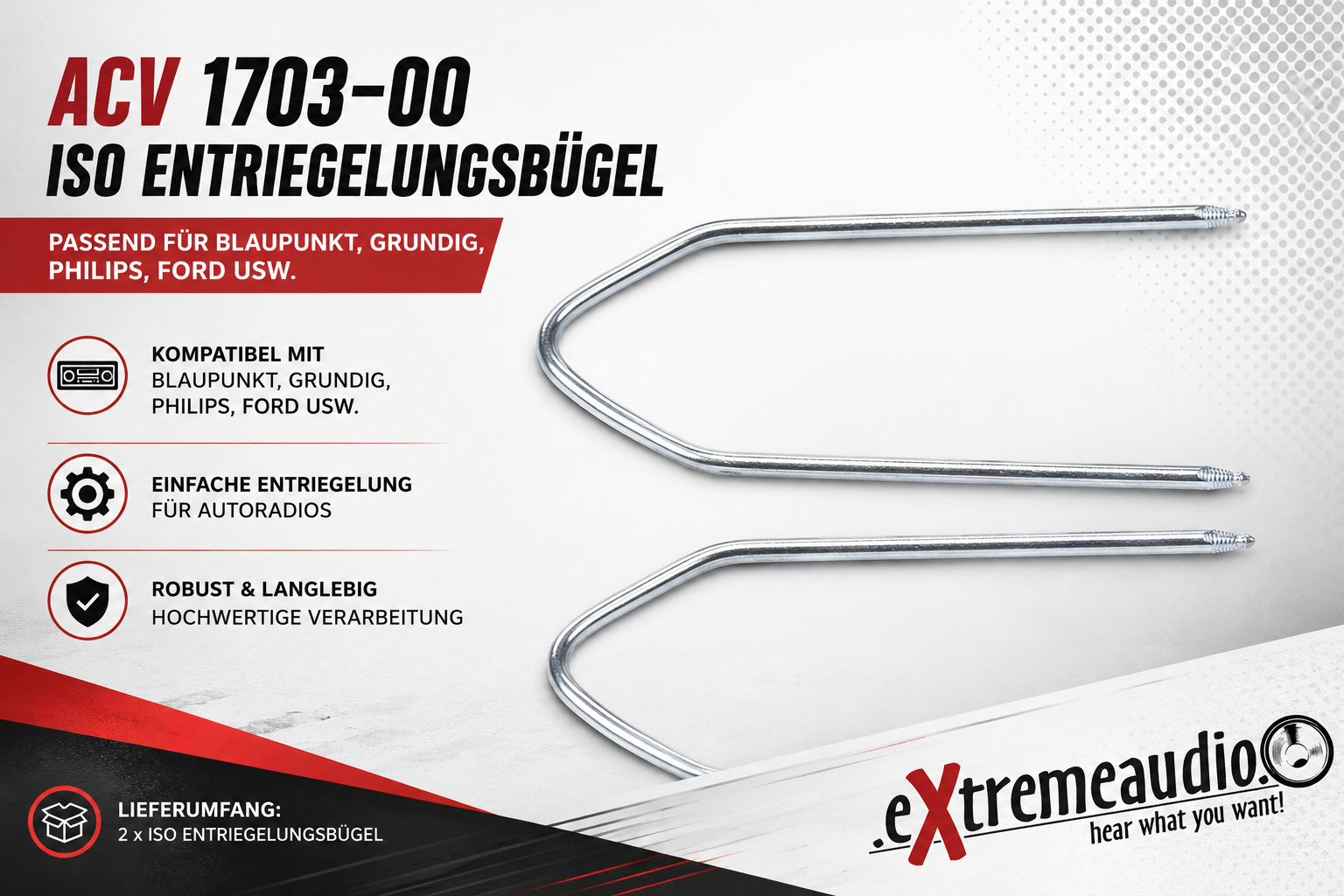 ACV 1703-00 ISO Entriegelungsbügel passend für Blaupunkt, Grundig, Philips, Citroen, Opel, Peugeot Renault, Fiat, Ford Werkzeug Schlüssel