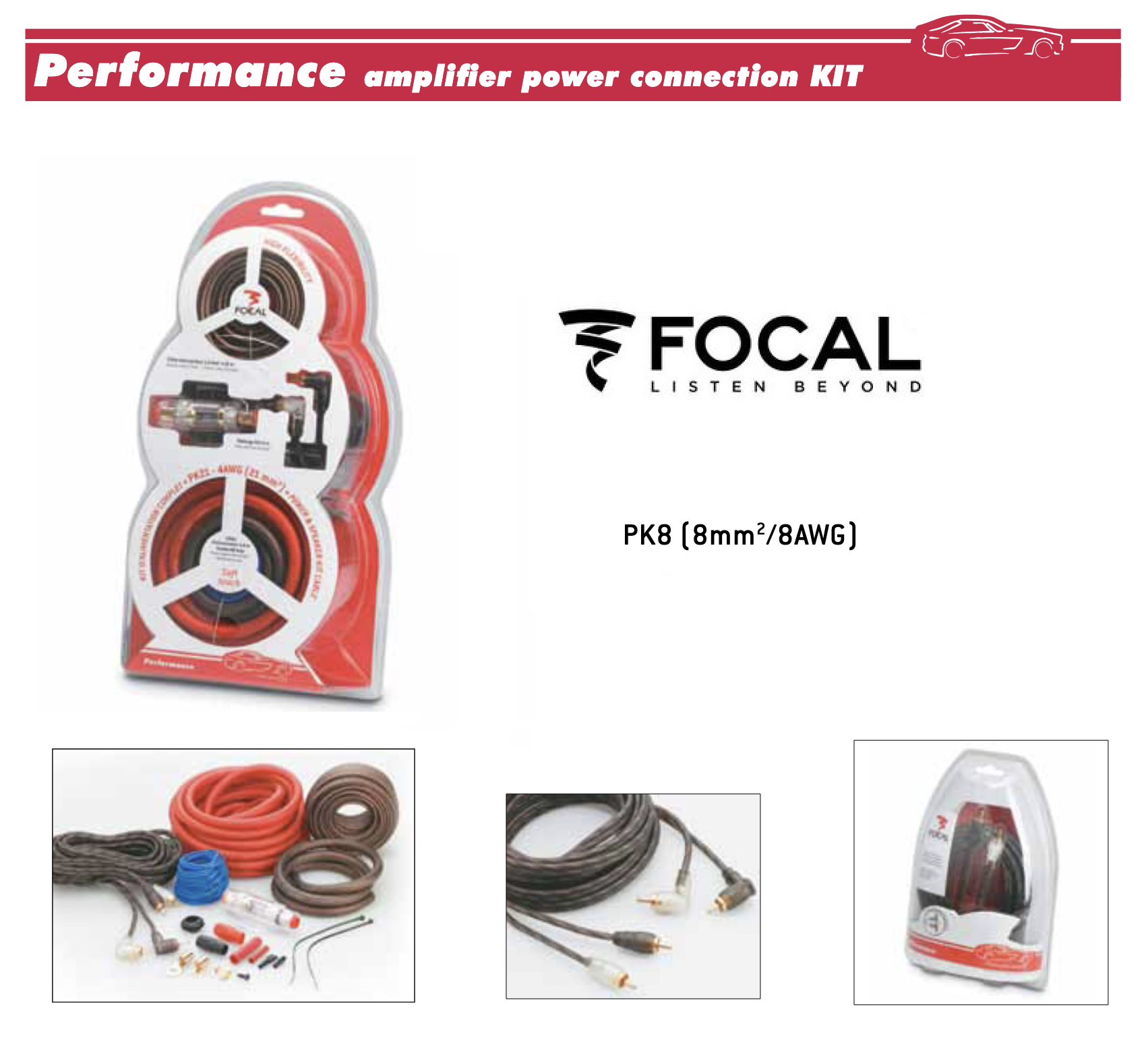 Focal PK8 Verstärker Anschlusskabel Set 8 mm², 8 AWG Endstufen Einbaukit Kabelset für KFZ, Kabel Kit Endstufe 