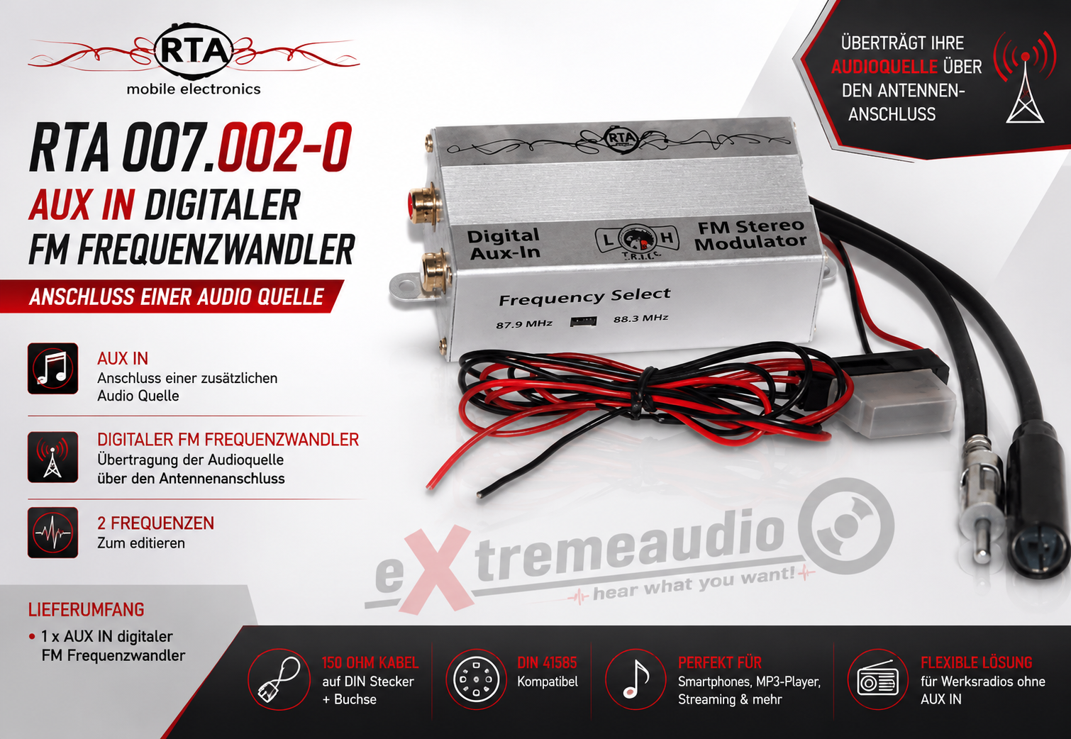 RTA 007.002-0 AUX IN digitaler FM Frequenzwandler Anschluss einer Audio Quelle