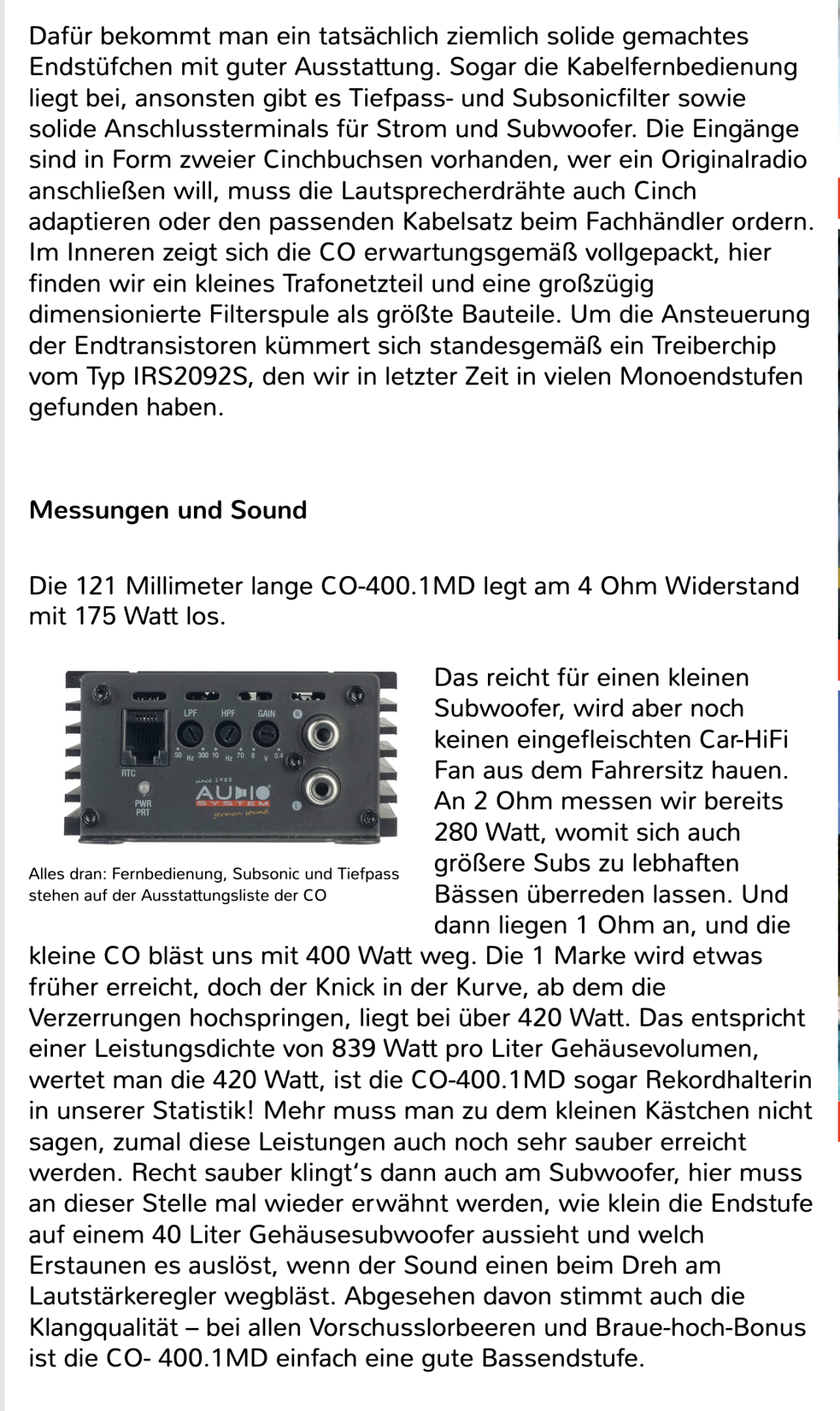 AUDIO SYSTEM CO-400.1 MD 1-Kanal Mono Verstärker Endstufe Amplifier CO ...