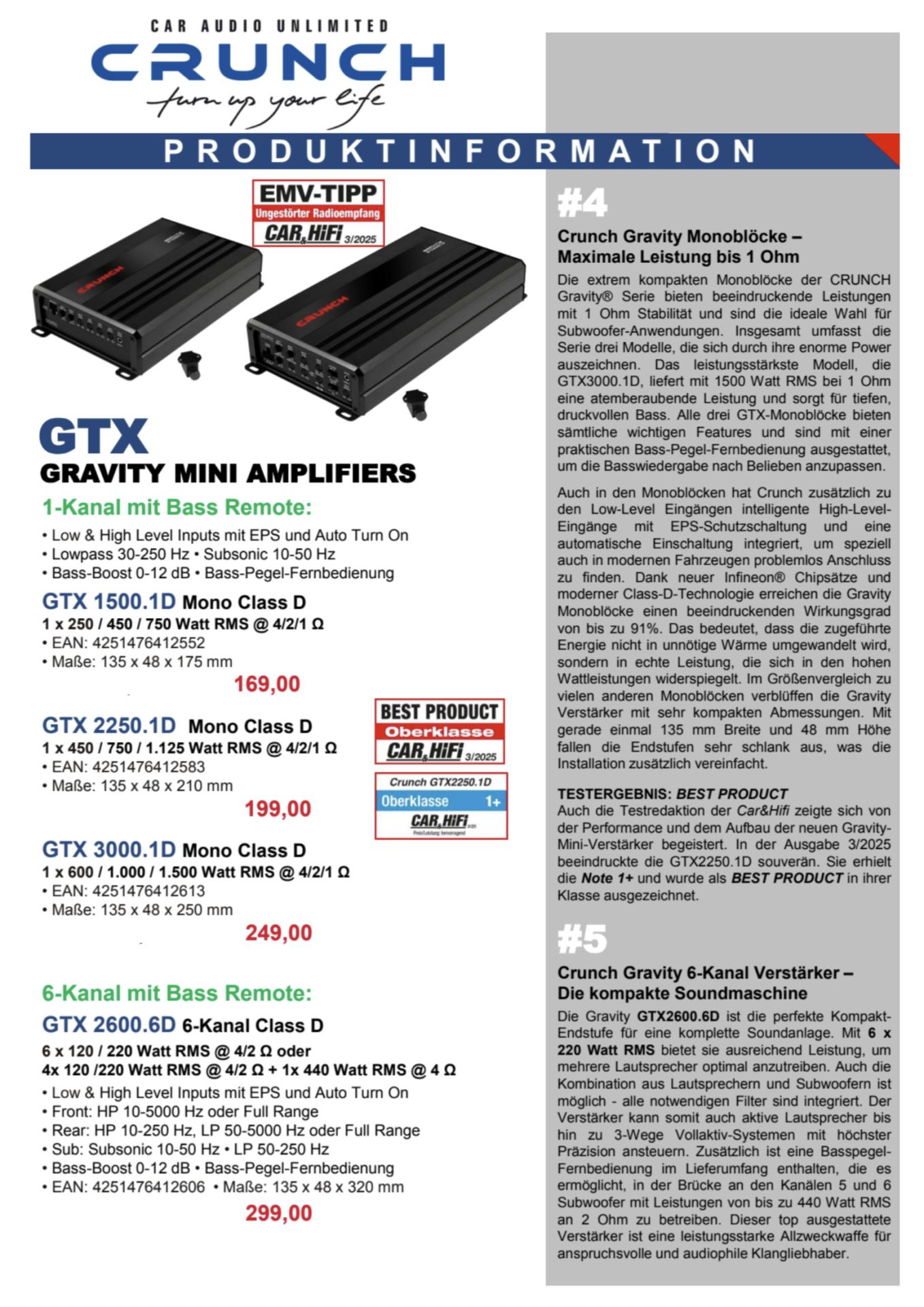 Crunch GTX3000.1D kompakter Class D Digital Mono 1-Kanal Verstärker ...
